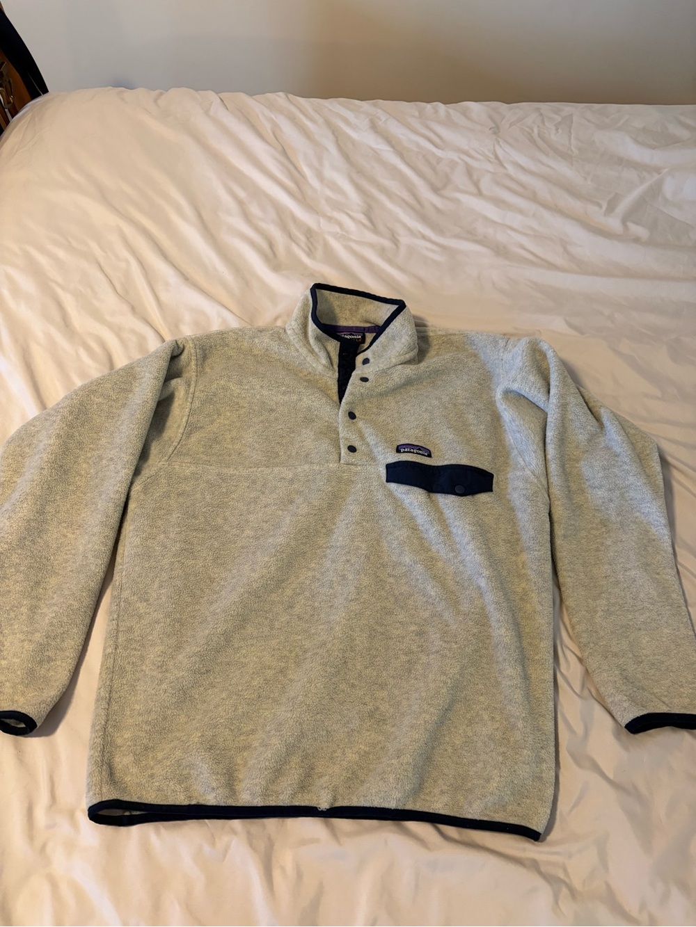 Patagonia Gray Fleece Crewneck Pullover with Navy Trim